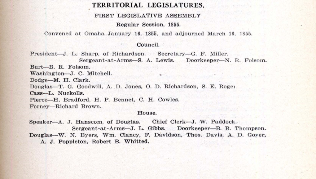 TERRITORIAL LEGISLATURES. FIRST LEGISLATIVE ASSEMBLY Regular Session, 185;;