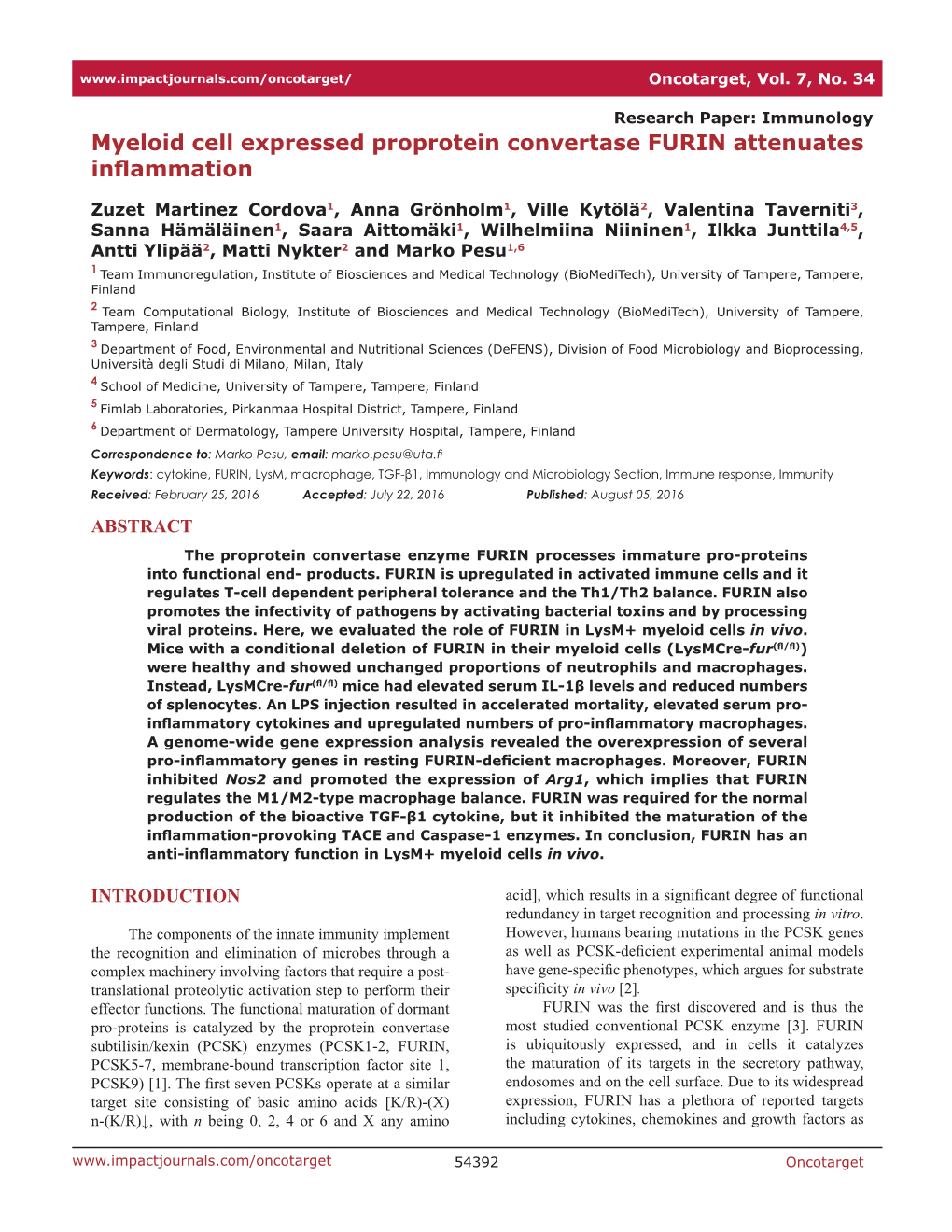 Myeloid Cell Expressed Proprotein Convertase FURIN Attenuates Inflammation