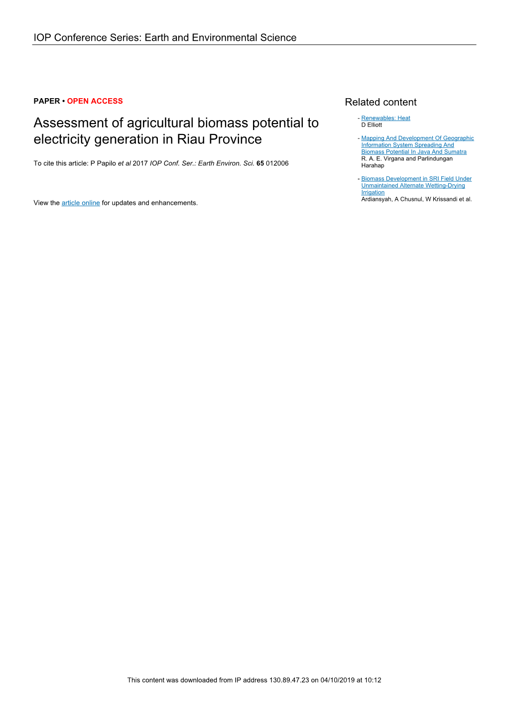 Assessment of Agricultural Biomass Potential to Electricity Generation in Riau Province