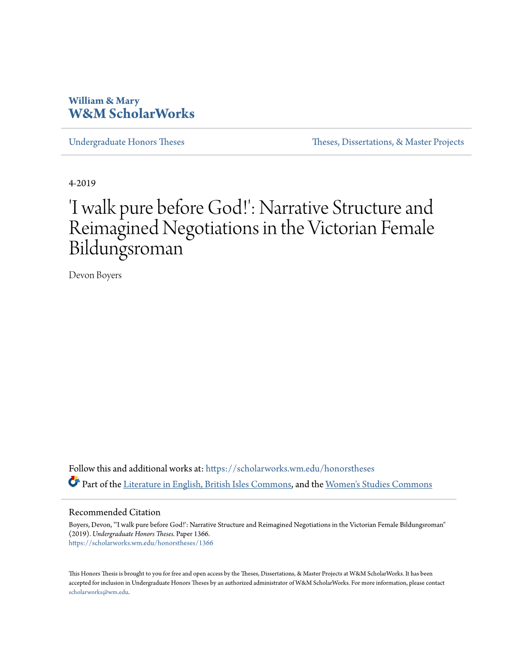 Narrative Structure and Reimagined Negotiations in the Victorian Female Bildungsroman Devon Boyers