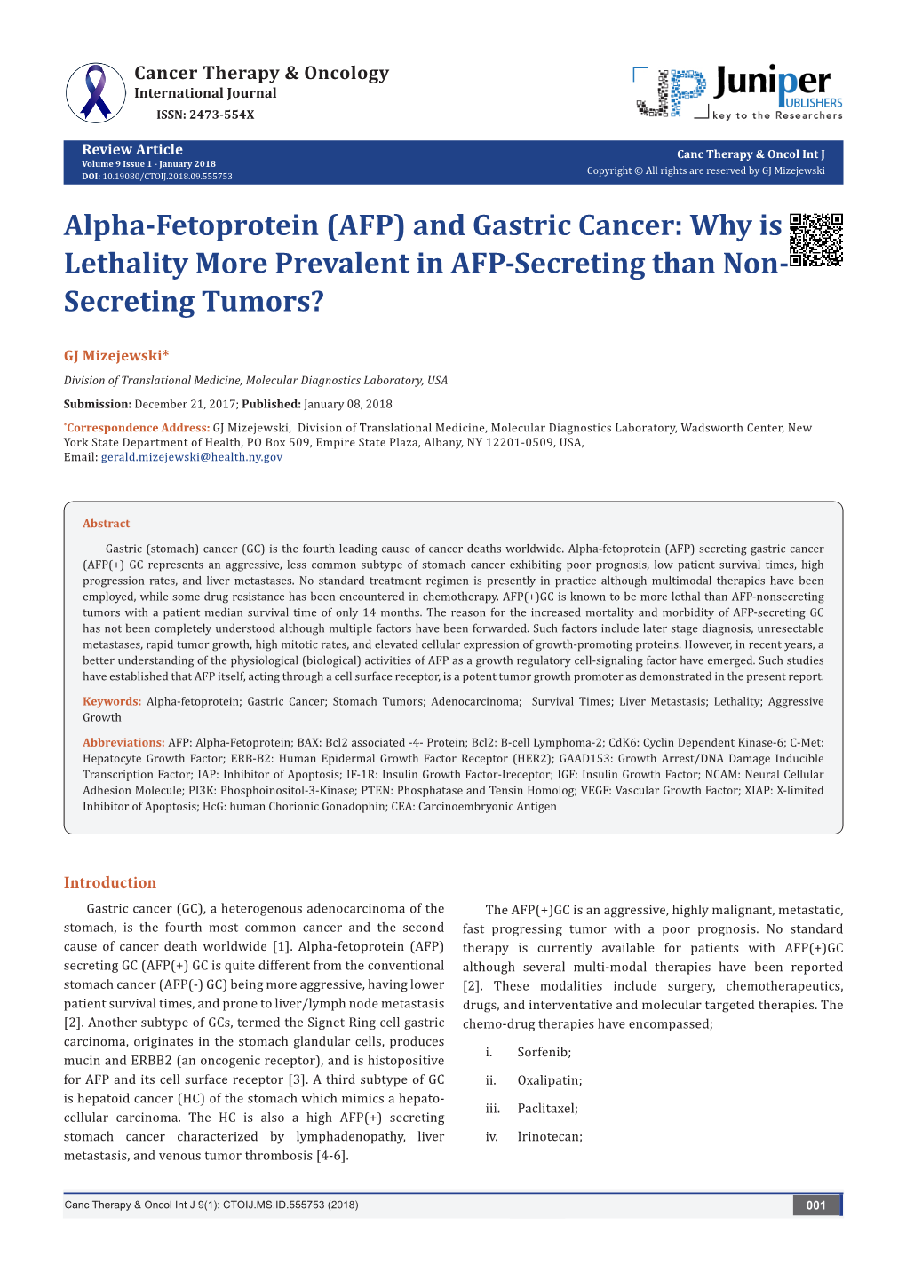 Alpha-Fetoprotein (AFP) and Gastric Cancer: Why Is Lethality More Prevalent in AFP-Secreting Than Non- Secreting Tumors?