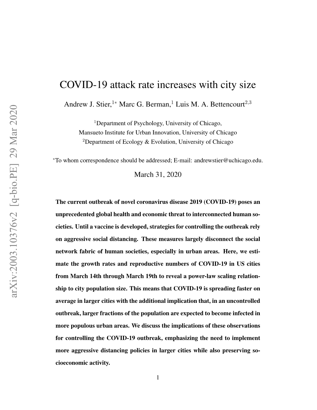 COVID-19 Attack Rate Increases with City Size Arxiv:2003.10376V2 [Q-Bio