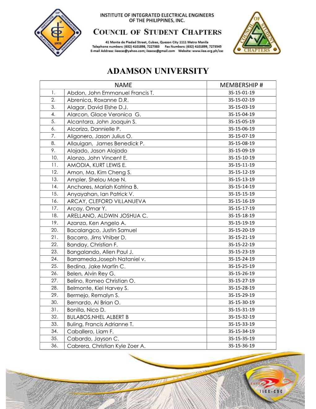 Adamson University Name Membership # 1