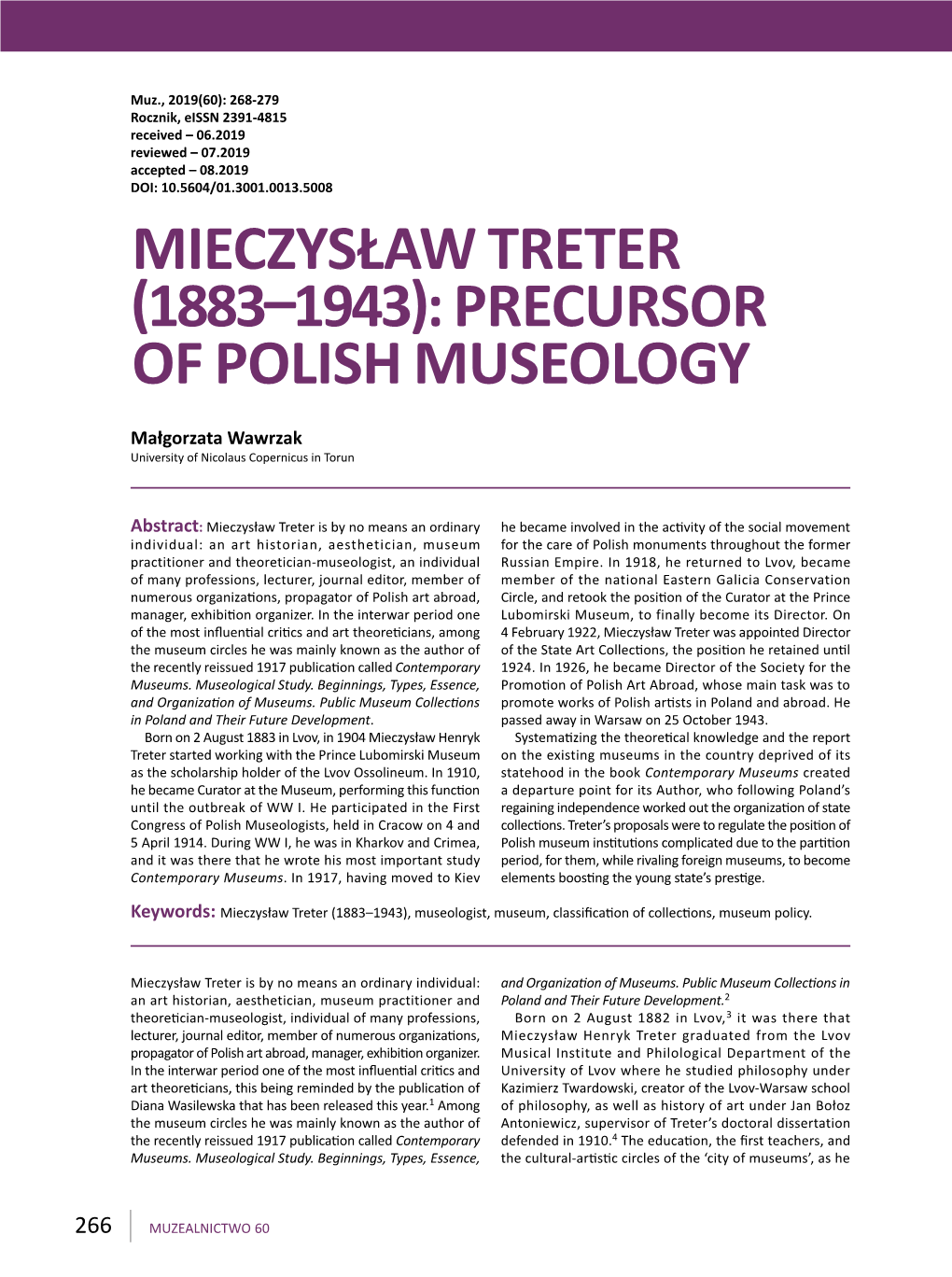 Mieczysław Treter (1883–1943): Precursor of Polish Museology
