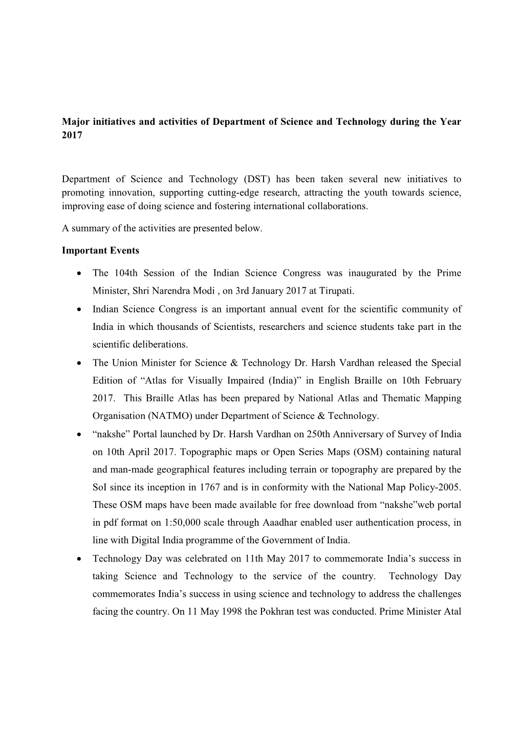 Major Initiatives and Activities of Department of Science and Technology During the Year 2017 Department of Science and Technolo