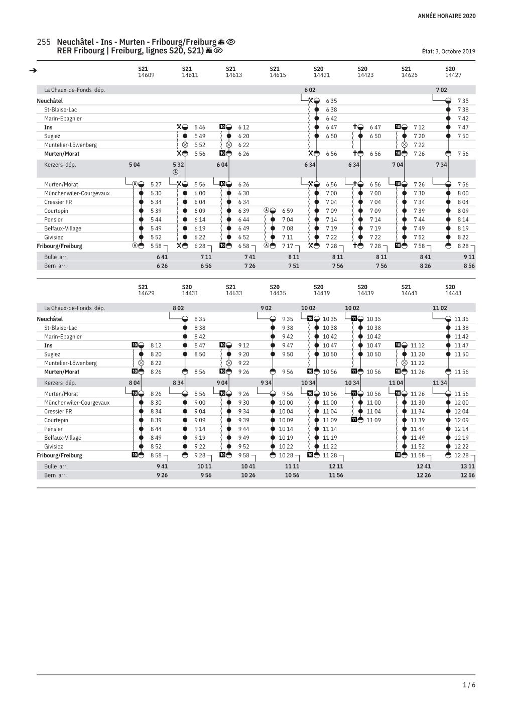 255 Neuchâtel - Ins - Murten - Fribourg/Freiburg RER Fribourg | Freiburg, Lignes S20, S21) État: 3