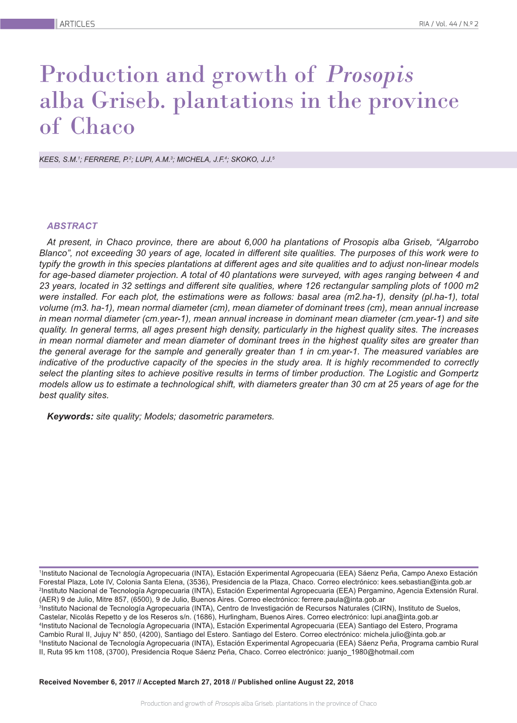 [Inglés] Production and Growth of Prosopis Alba Griseb. Plantations In