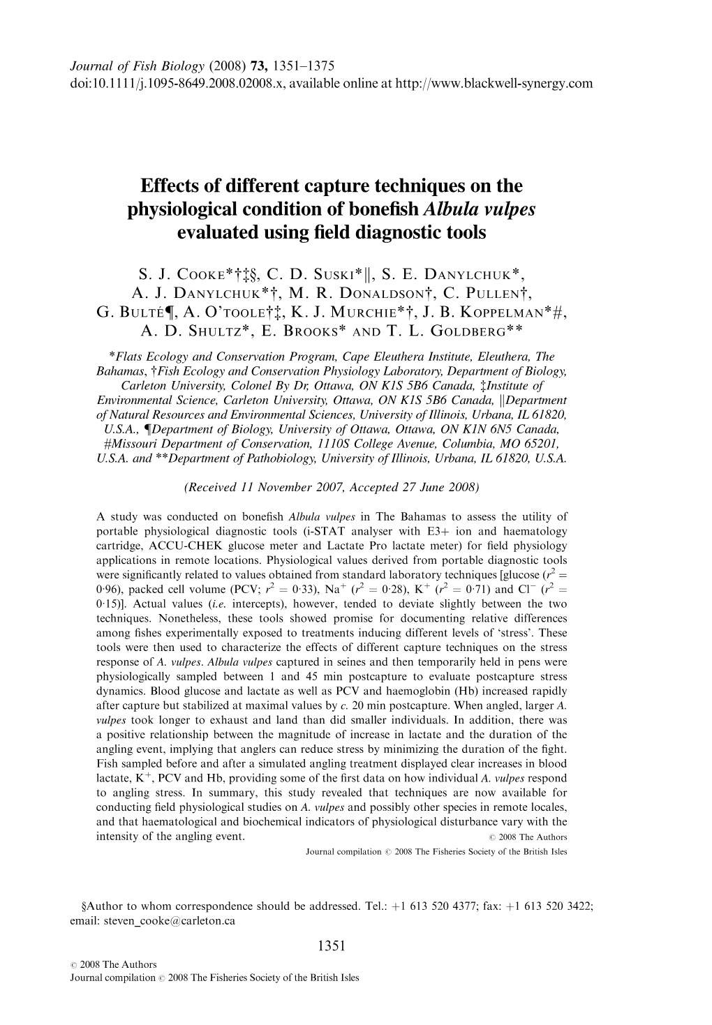 Effects of Different Capture Techniques on the Physiological Condition of Boneﬁsh Albula Vulpes Evaluated Using ﬁeld Diagnostic Tools