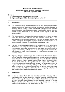 Memorandum of Understanding London Borough of Havering Local Plan Submission (Revised) September 2019