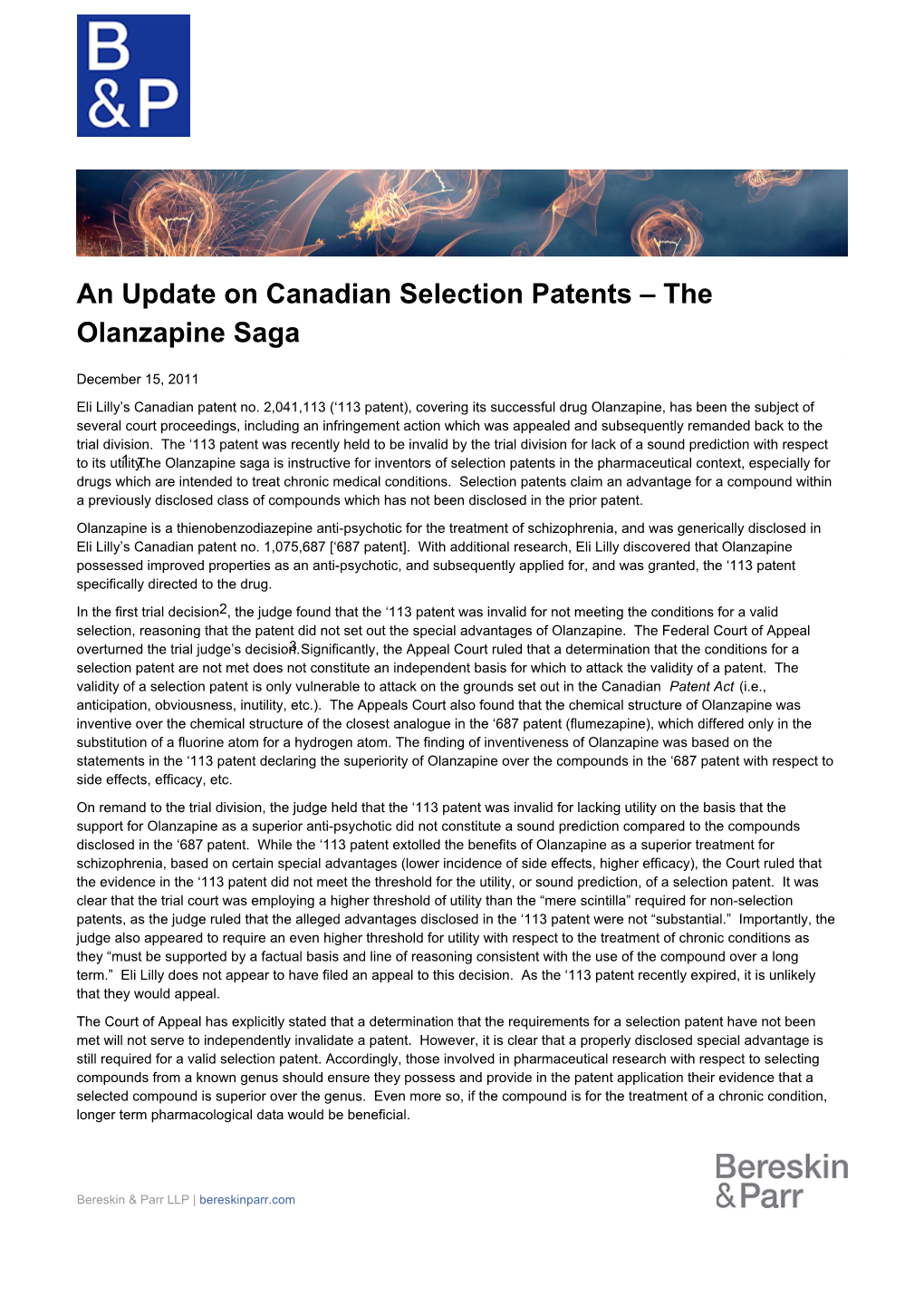 An Update on Canadian Selection Patents – the Olanzapine Saga