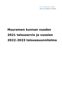 Muuramen Kunnan Vuoden 2021 Talousarvio Ja Vuosien 2022-2023