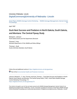 Duck Nest Success and Predators in North Dakota, South Dakota, and Montana: the Central Flyway Study