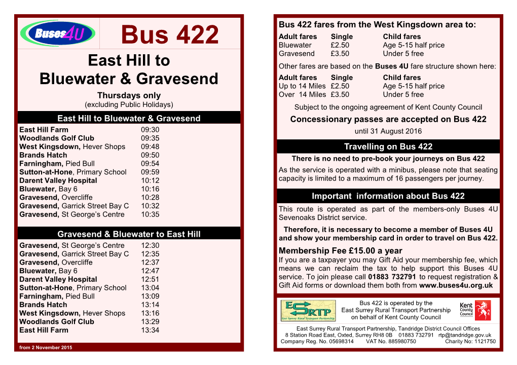 Bus 422 Fares from the West Kingsdown Area To
