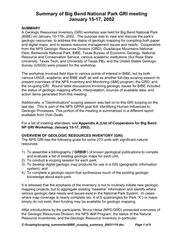 Summary of Big Bend National Park GRI Meeting January 15-17, 2002