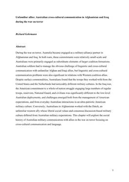 Unfamiliar Allies: Australian Cross-Cultural Communication in Afghanistan and Iraq During the War on Terror