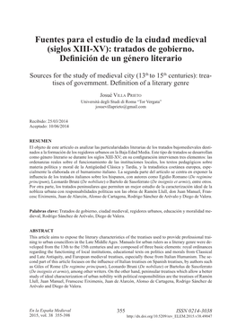 Fuentes Para El Estudio De La Ciudad Medieval (Siglos XIII-XV): Tratados De Gobierno