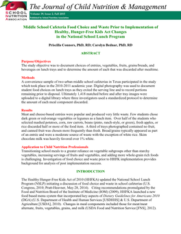 Middle School Cafeteria Food Choice and Waste Prior to Implementation of Healthy, Hunger-Free Kids Act Changes in the National School Lunch Program