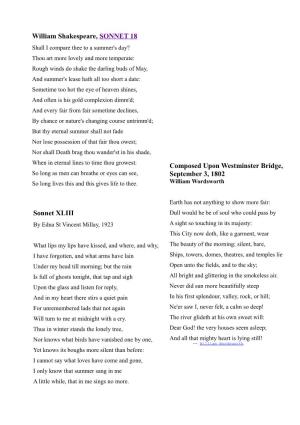 William Shakespeare, SONNET 18 Sonnet XLIII Composed Upon