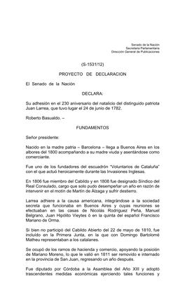(S-1531/12) PROYECTO DE DECLARACION El Senado De La