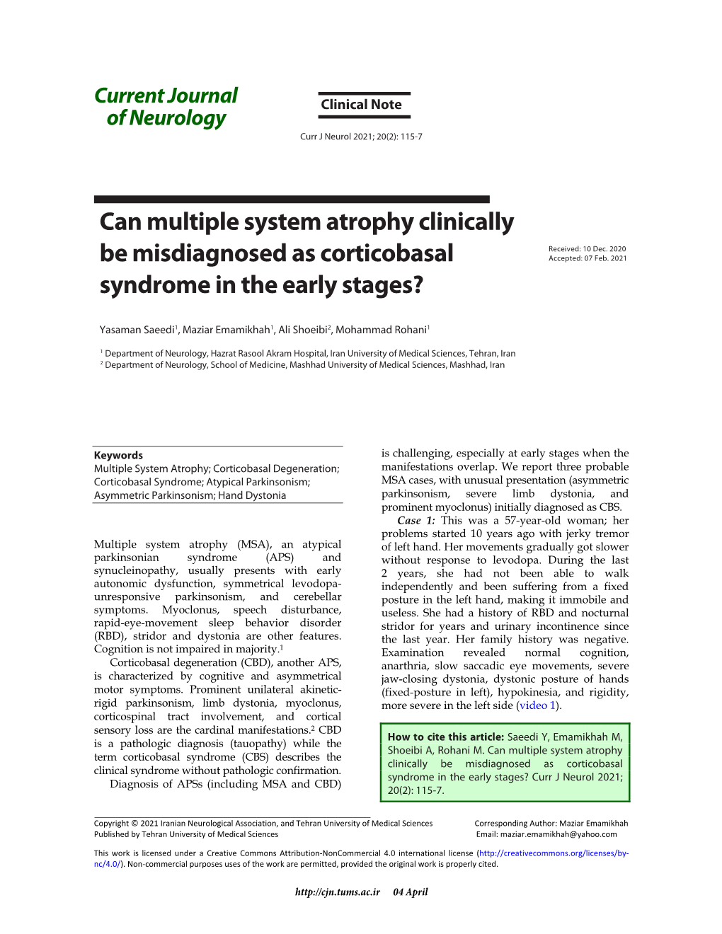 Can Multiple System Atrophy Clinically Be Misdiagnosed As Corticobasal