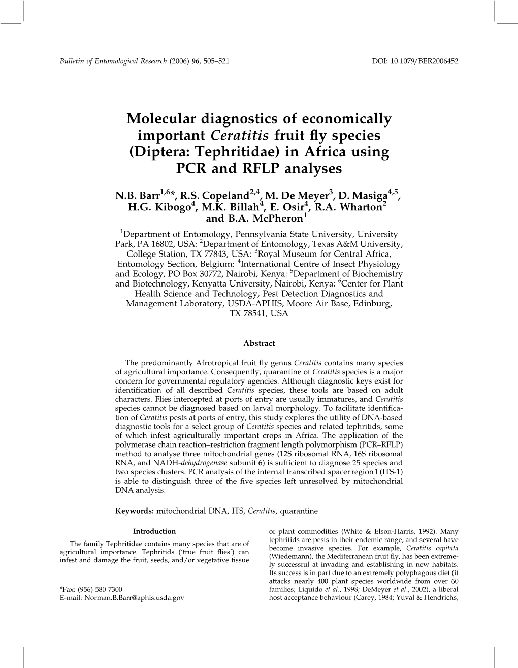 Diptera: Tephritidae) in Africa Using PCR and RFLP Analyses