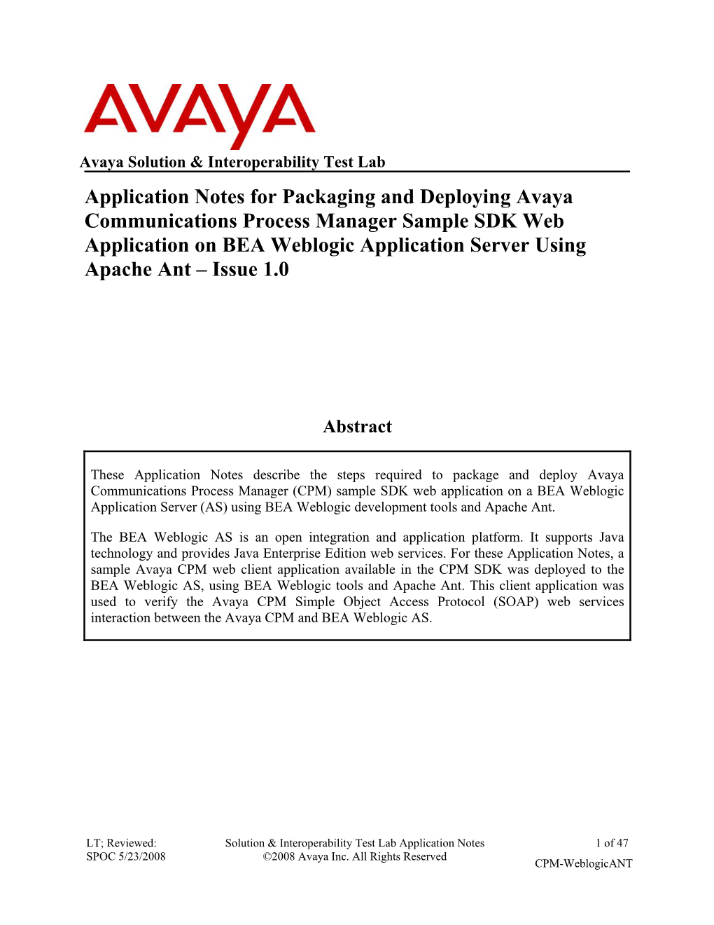 Application Notes for Packaging and Deploying Avaya Communications Process Manager Sample SDK Web Application on BEA Weblogic Ap