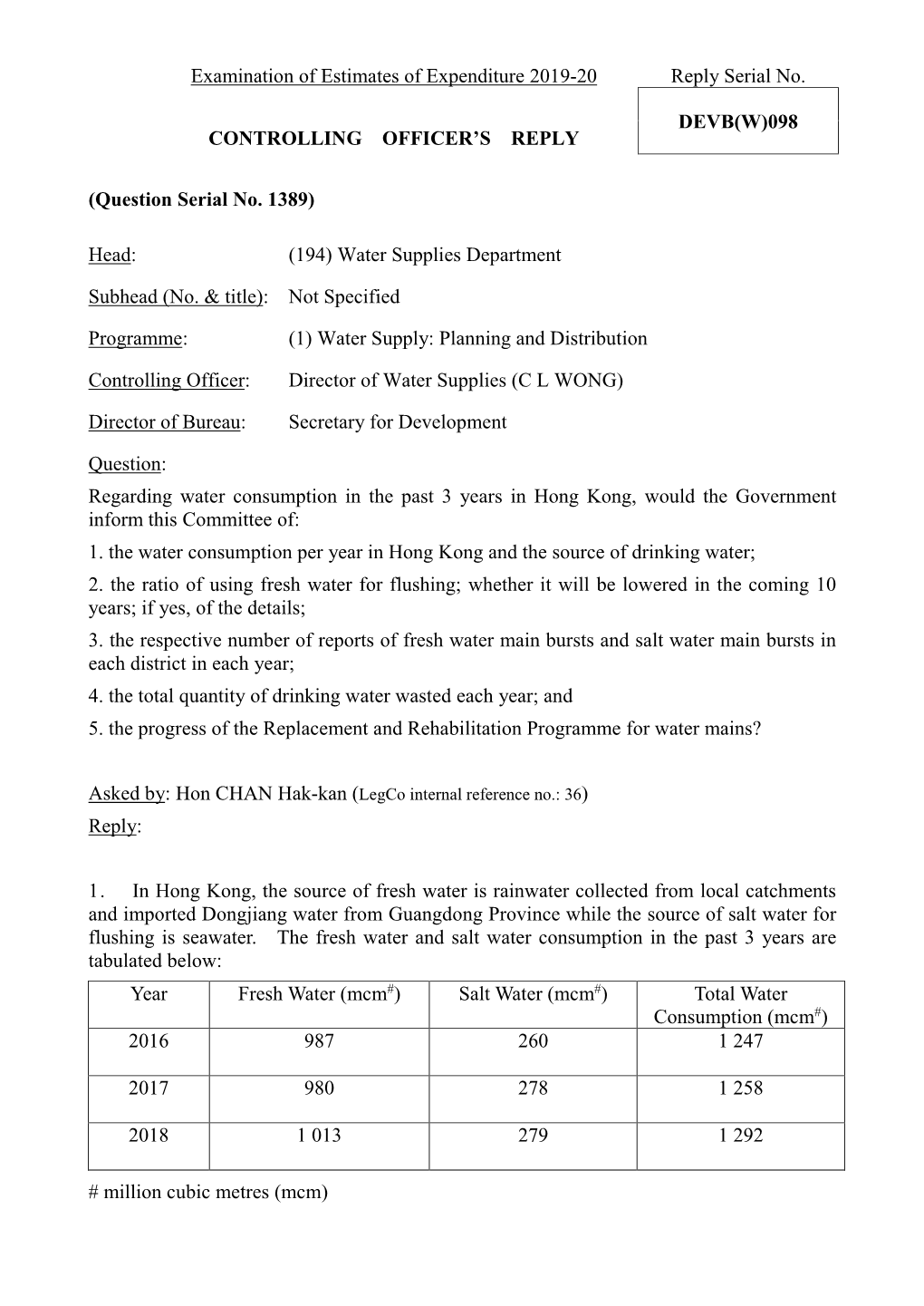 Examination of Estimates of Expenditure 2019-20 Reply Serial No