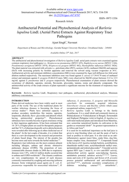 Antibacterial Potential and Phytochemical Analysis of Barleria Lupulina Lindl. (Aerial Parts) Extracts Against Respiratory Tract Pathogens
