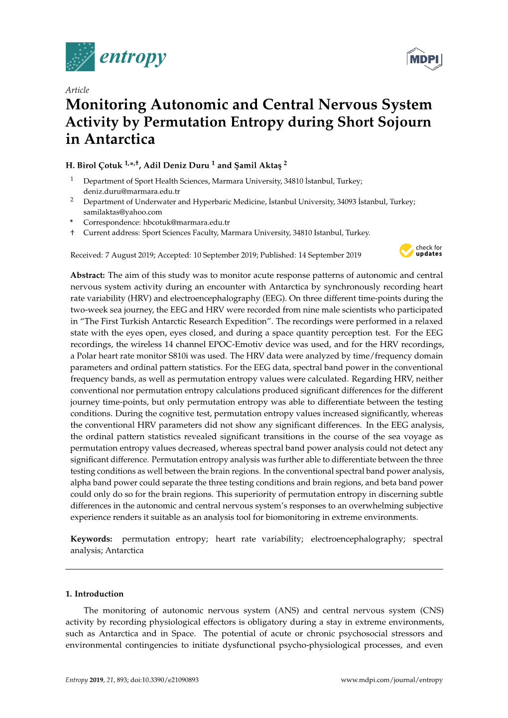 Monitoring Autonomic and Central Nervous System Activity by Permutation Entropy During Short Sojourn in Antarctica