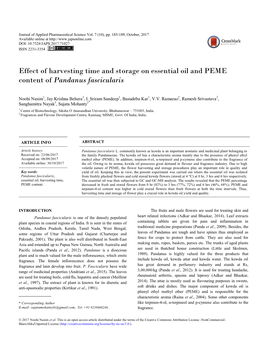 Effect of Harvesting Time and Storage on Essential Oil and PEME Content of Pandanus Fascicularis