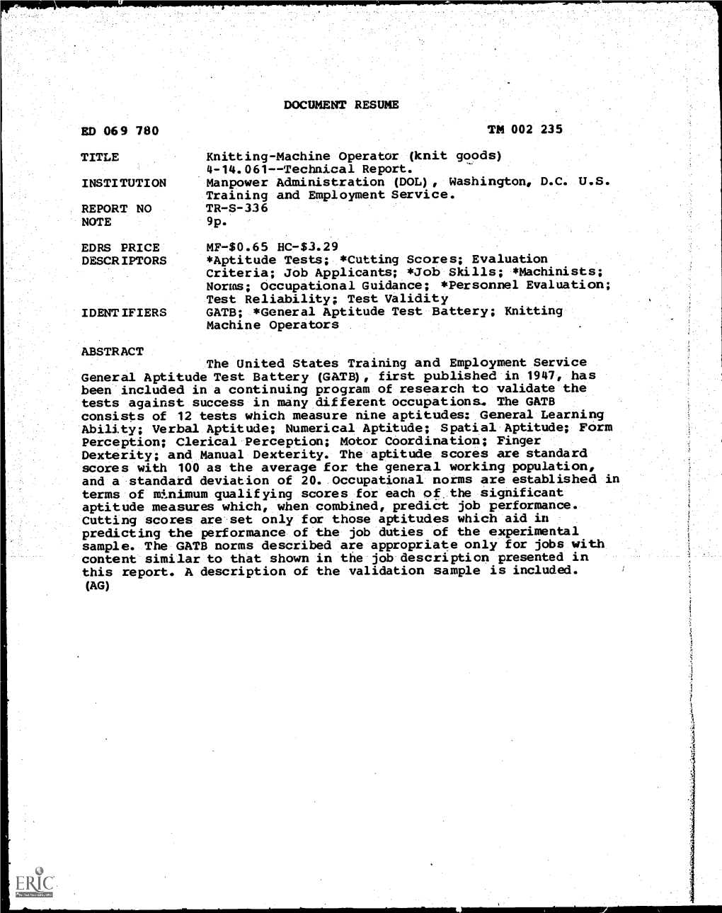 (Knit Goods) 4-14.061--Technical Report. INSTITUTION Manpower Administration (DOL), Washington, D.C