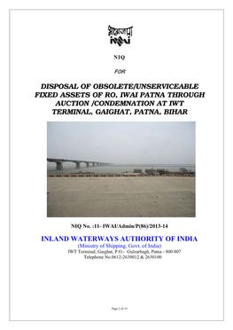 Disposal of Obsolete/Unserviceable Fixed Assets of Ro, Iwai Patna Through Auction /Condemnation at Iwt Terminal, Gaighat, Patna, Bihar