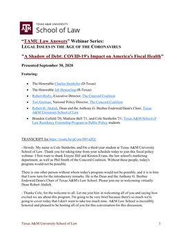 “TAMU Law Answers” Webinar Series: "A Shadow of Debt: COVID