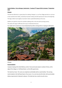 Trip to Wengen, Switzerland – Tuesday 27Th August 2019 to Sunday 1St September 2019