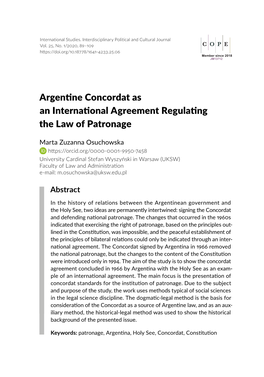 Argentine Concordat As an International Agreement Regulating the Law of Patronage