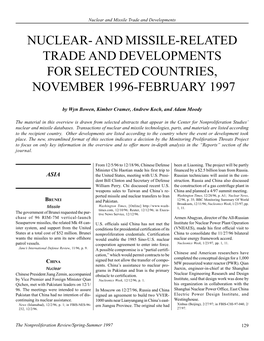 Nuclear- and Missile-Related Trade and Developments for Selected Countries, November 1996-February 1997
