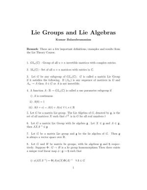 Lie Groups and Lie Algebras Kumar Balasubramanian
