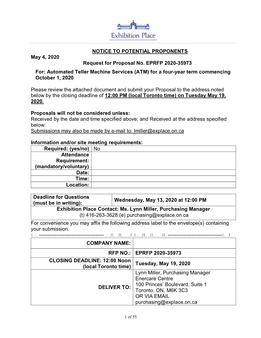 NOTICE to POTENTIAL PROPONENTS May 4, 2020 Request for Proposal No