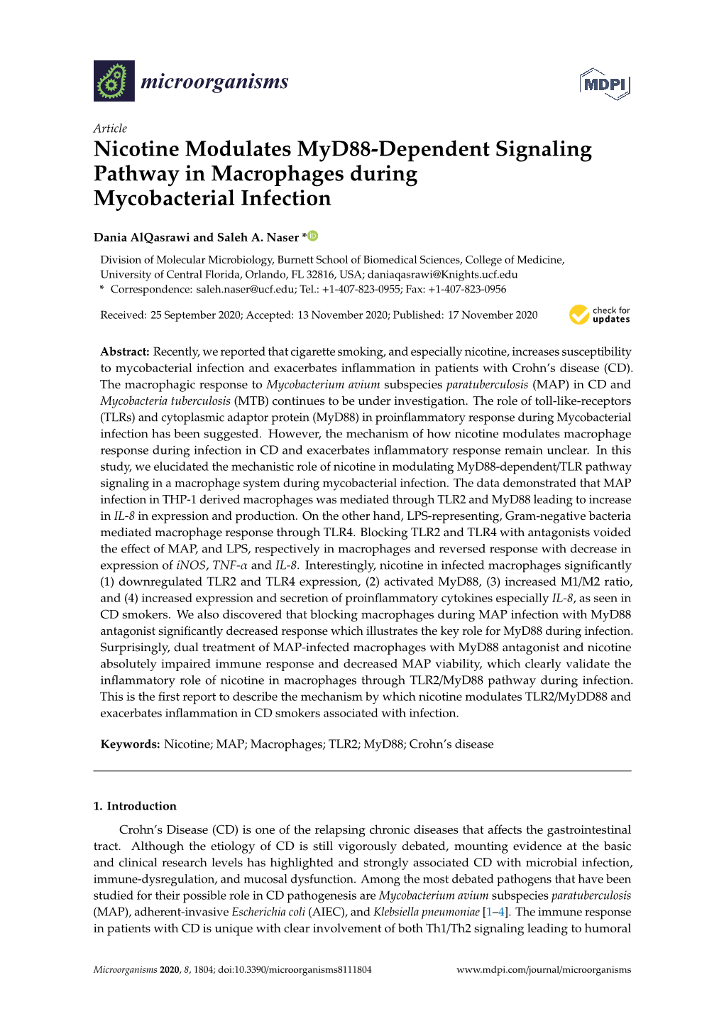 Nicotine Modulates Myd88-Dependent Signaling Pathway in Macrophages During Mycobacterial Infection