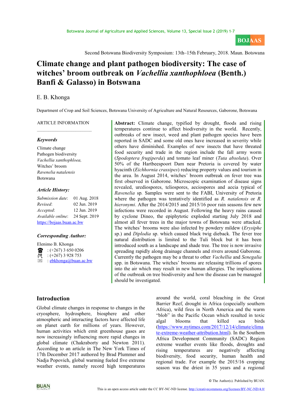 Climate Change and Plant Pathogen Biodiversity: the Case of Witches’ Broom Outbreak on Vachellia Xanthophloea (Benth.) Banfi & Galasso) in Botswana