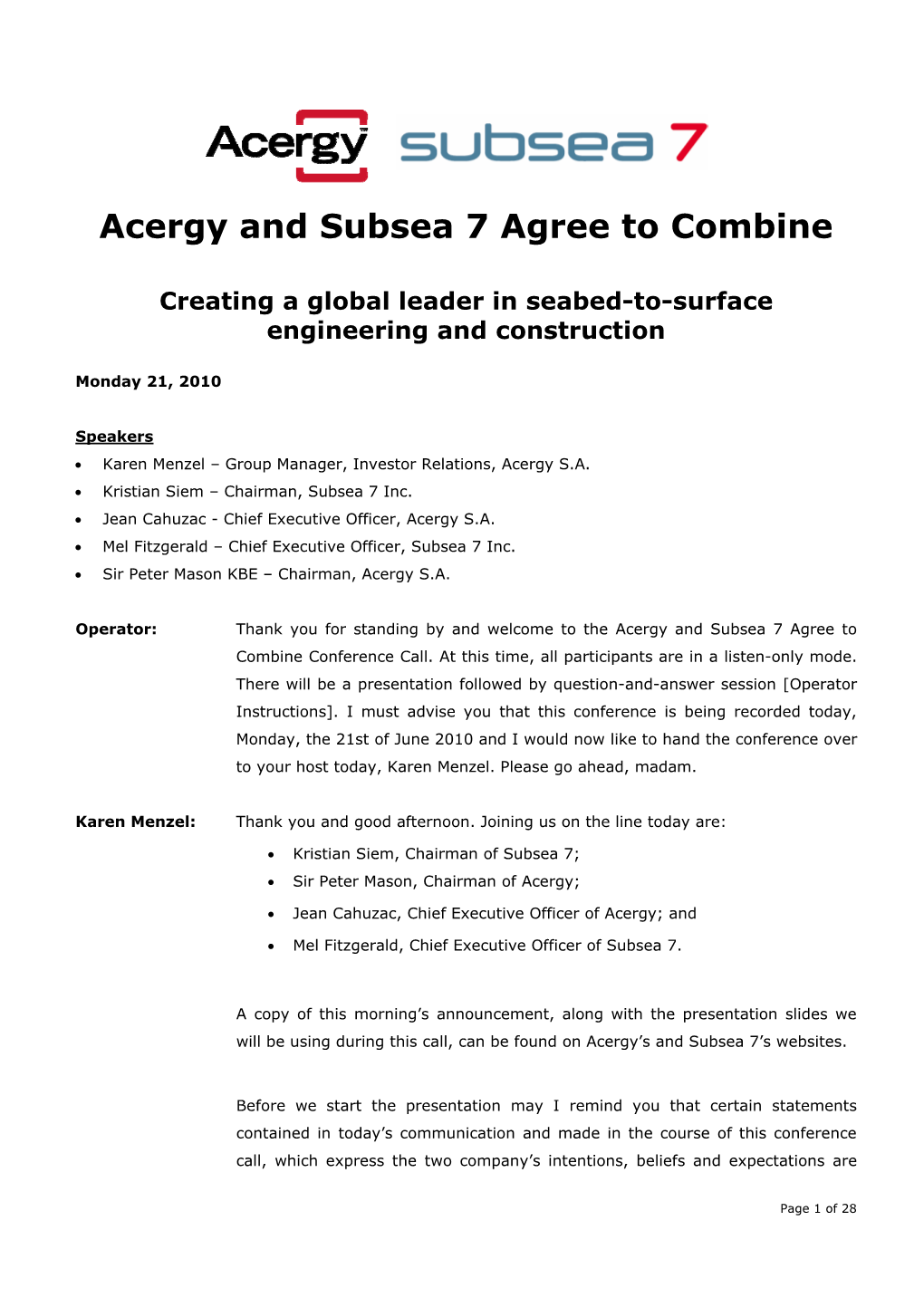 Acergy and Subsea 7 Agree to Combine