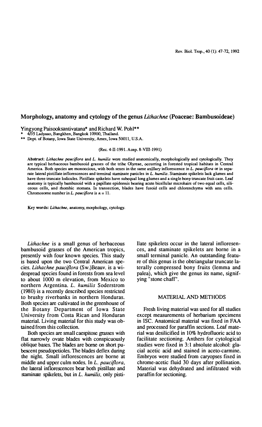 Morphology, Anatomy and Cytology of the Genus Lithachne (Poaceae: Bambusoideae)