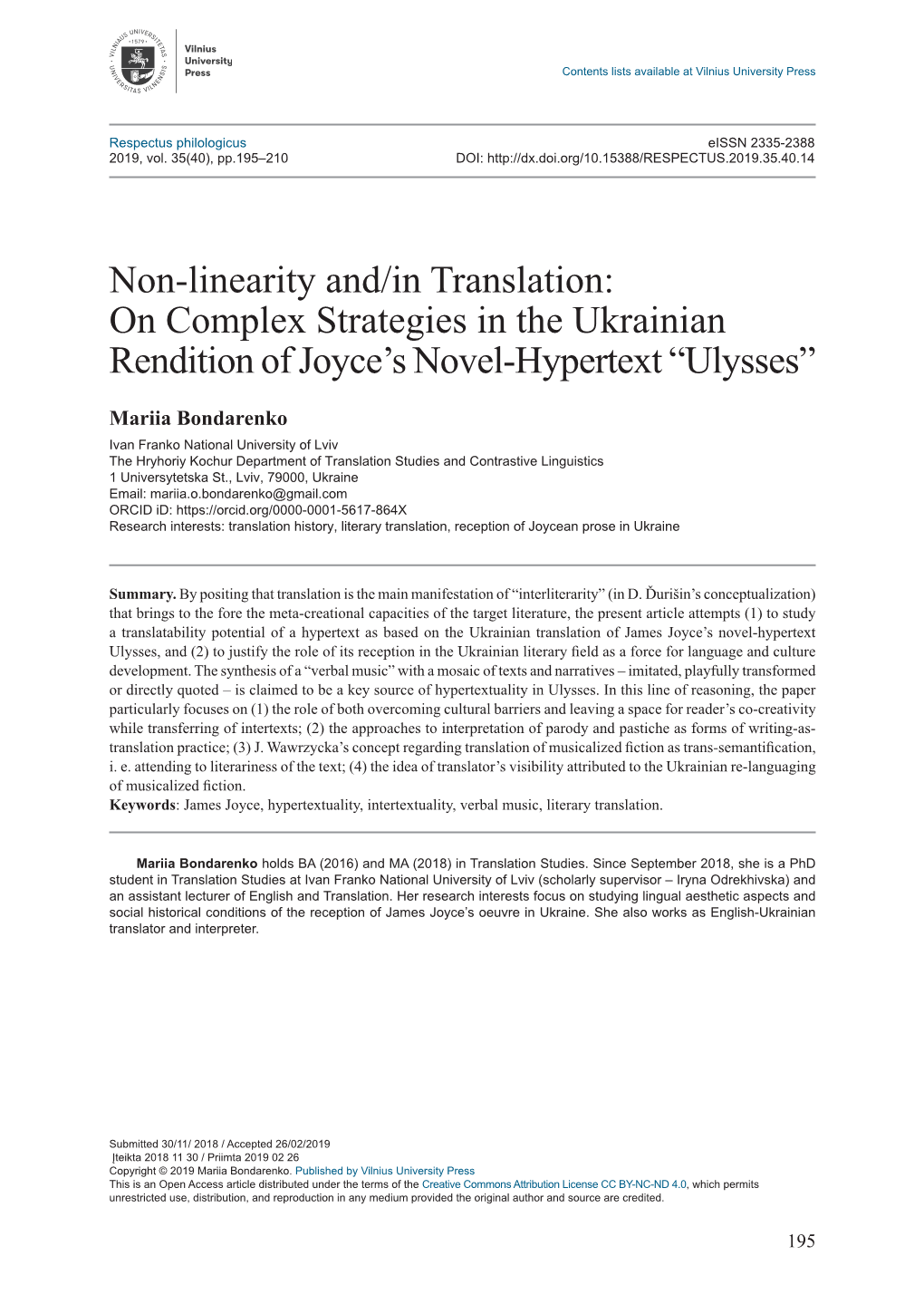 Non-Linearity And/In Translation:On Complex Strategies in the Ukrainianrendition of Joyce's Novel-Hypertext “Ulysses”