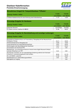 Glasfaser Kabelfernsehen Preisliste Einzelversorgung
