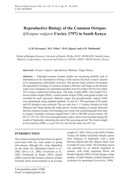 Reproductive Biology of the Common Octopus (Octopus Vulgaris Cuvier, 1797) in South Kenya