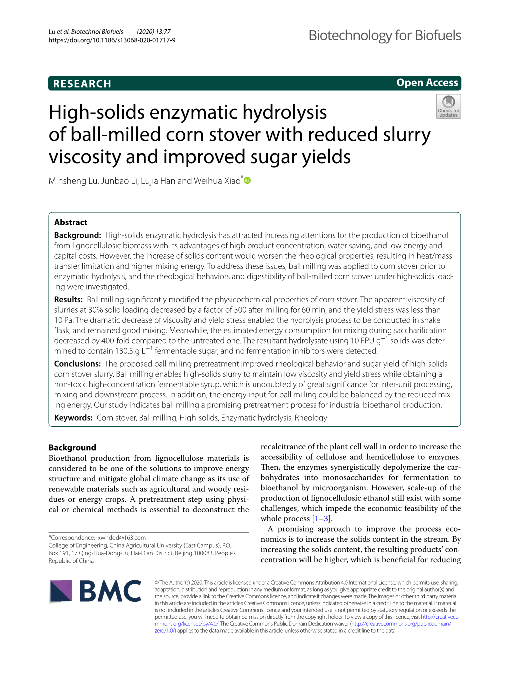 High-Solids Enzymatic Hydrolysis of Ball-Milled Corn Stover with Reduced Slurry Viscosity and Improved Sugar Yields