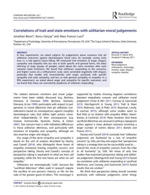 Correlations of Trait and State Emotions with Utilitarian Moral Judgements