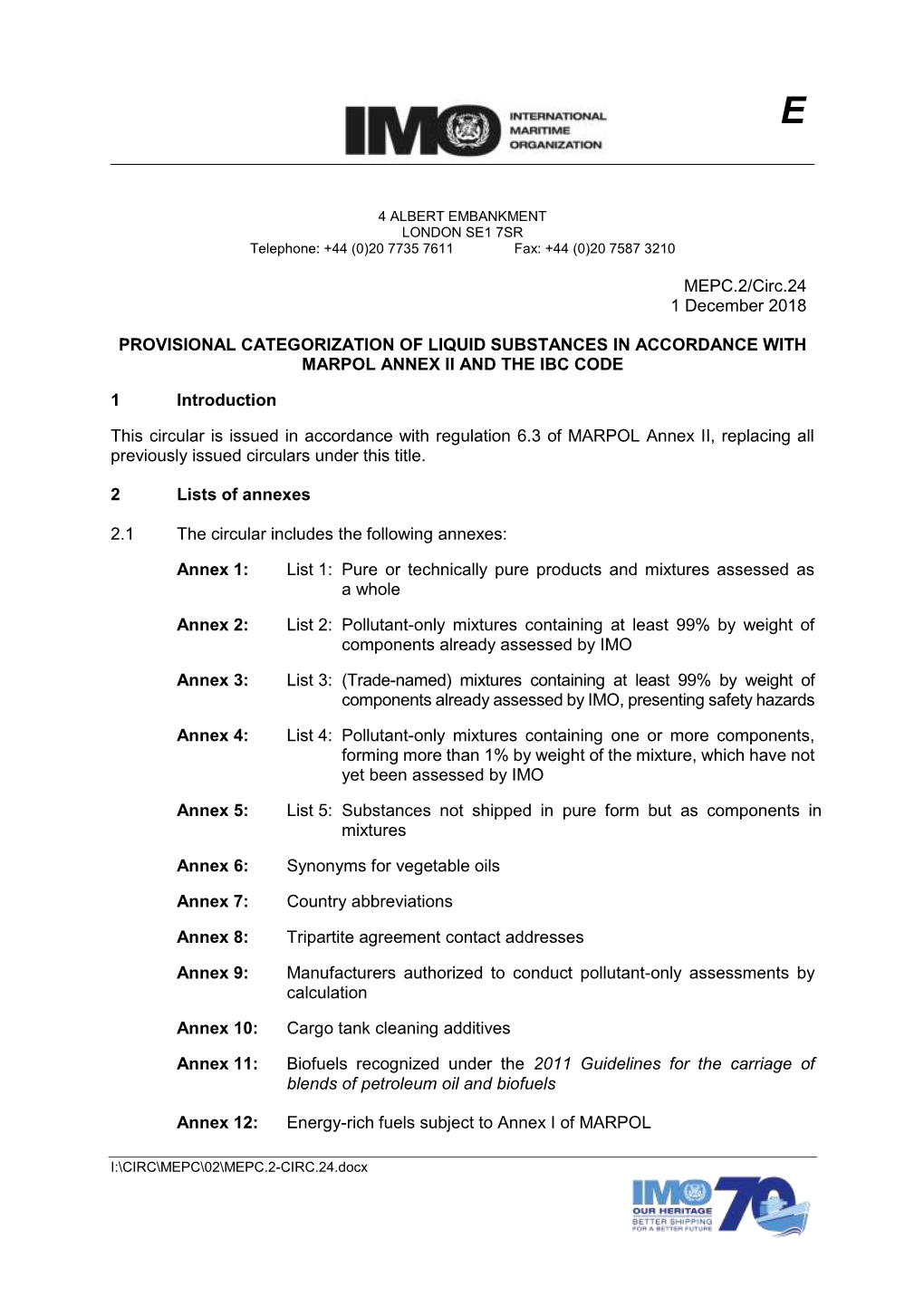 MEPC.2/Circ.24 1 December 2018 PROVISIONAL CATEGORIZATION