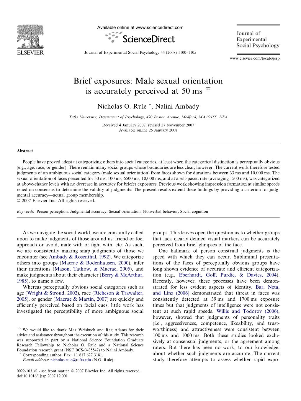 Brief Exposures: Male Sexual Orientation Is Accurately Perceived at 50 Ms Q