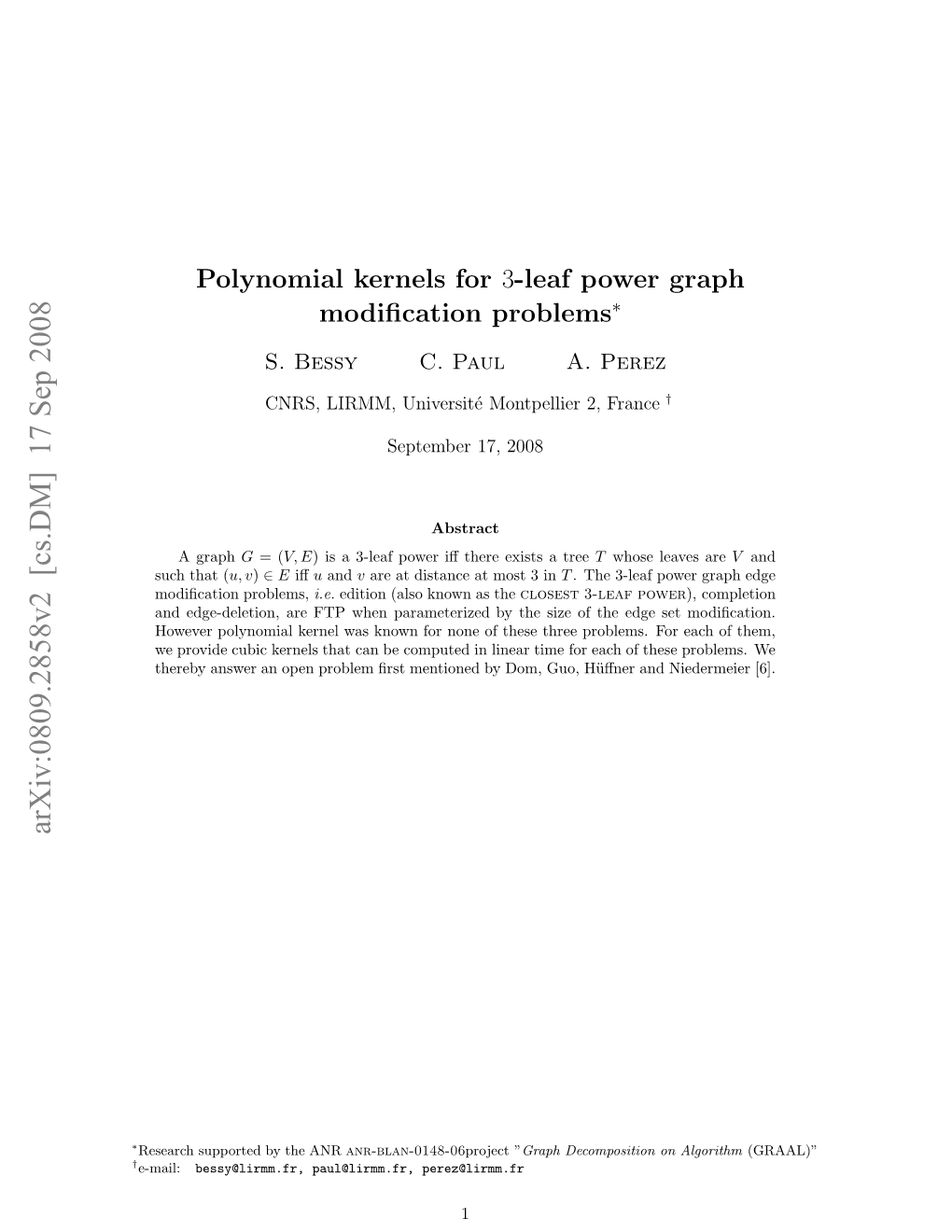 Polynomial Kernels for 3-Leaf Power Graph Modification Problems